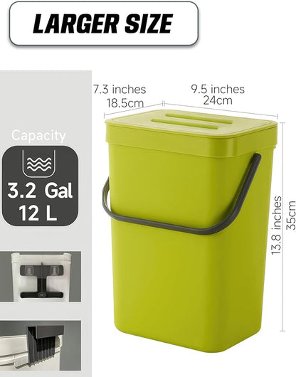 Kitchen Compost Bin - 3.2 Gallons Hanging Trash Can with Lid for Kitchen Bathroom, Under Sink Trash Can, Outdoor Compost Bucket with Lid, 12L(Lime Green)