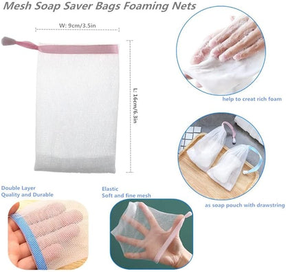 FULINJOY 6 PCS Exfoliating Mesh Soap Saver Pouch Bag Sack, Face Cleansing Foaming Nets, White Pouch with Drawstring (Color Random)