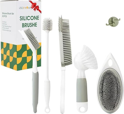 Silicone Brush Set for Kitchen,Dish Brush,Bottle Brush,Scrub Brush with Soap Dispenser,countertop Cleaning Brush,Kitchen Cleaning (5pack)