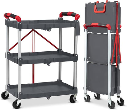 Towallmark Portable Folding Service Cart, 3 Tier Folding Utility Cart, Collapsible Utility Carts for Office, Warehouse, and Home, 56 Lbs Load Capacity per Shelf (Grey & Red)