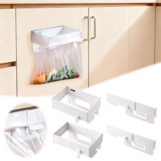2 PCS Foldable Trash Bag Holder,Garbage Bag Holder,Hanging Waste Garbage Can Rack Magnetic Closure Waste Bag, Space Saving No Drill,for Cabinet Doors, Bathroom, Table Sides