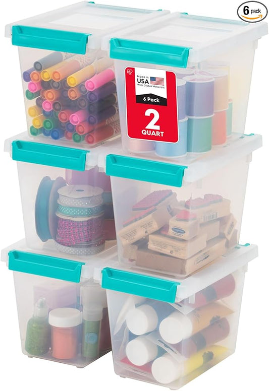 IRIS USA 2 Qt. Craft Storage Bins with Lids, 6-Pack, |Made in USA|, Clip Box, Small Tall Plastic Sensory Bin Tote Organizer Containers for Art Supplies, Paper, & Office, Stackable - Clear/Seafoam Blue