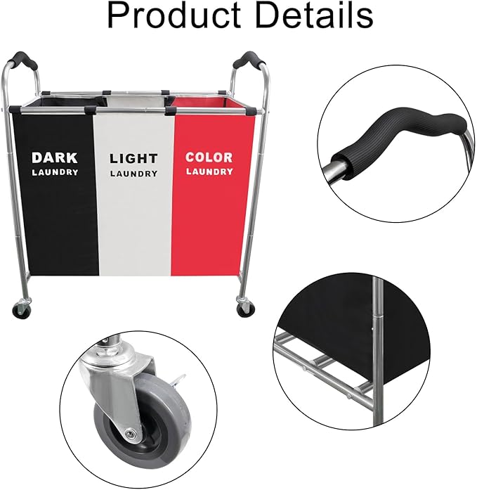 240L Laundry Hamper, Large Blanket Storage Basket Sorter 3 Section Bag Organizer for Dirty Clothes - Toys - Towel,16 X 34 X 35 inch Heavy Duty Laundry Cart Baskets (Black and white Red wheel)