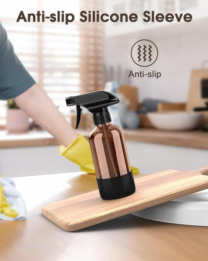 Bontip Glass Spray Bottle with Silicone Sleeve Protection, Amber Glass Spray Bottle Set for Window Cleaner Aromatherapy Facial Hydration Watering Flowers Hair Care 2 Pack/8 oz (Black & Brown)