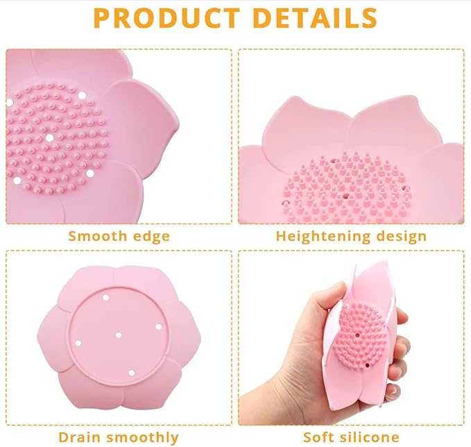 Adorable Pink Peri - 2-Pack Pink Soap Dish for bar soap Lovers | Self draining Hole Holder | Pink Floral Decor Bathroom Accessories | Zero Waste Gift (Silicone)