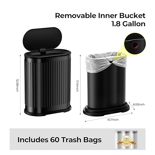 Small Black Bathroom Trash Can with Press Top Lid, 1.8 Gallon Stainless Steel Garbage Can with Removable Inner Bucket, Includes 60 Trash Bags for Home Bedroom