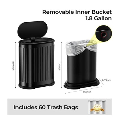 Small Black Bathroom Trash Can with Press Top Lid, 1.8 Gallon Stainless Steel Garbage Can with Removable Inner Bucket, Includes 60 Trash Bags for Home Bedroom