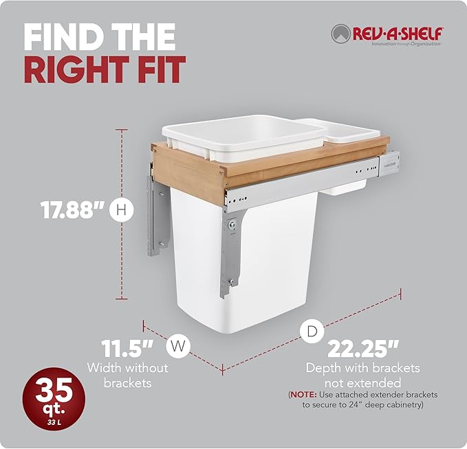 Rev-A-Shelf 35 Qt Top Mount Single Pullout Under Cabinet Kitchen Trash Cans for Base Cabinets, 150 Pound Rated Full-Extension Slides, Min Opening Width of 11.5", White, 4WCTM-12DM1-175
