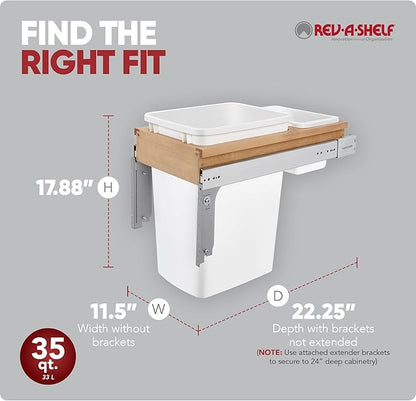 Rev-A-Shelf 35 Qt Top Mount Single Pullout Under Cabinet Kitchen Trash Cans for Base Cabinets, 150 Pound Rated Full-Extension Slides, Min Opening Width of 11.5", White, 4WCTM-12DM1-175
