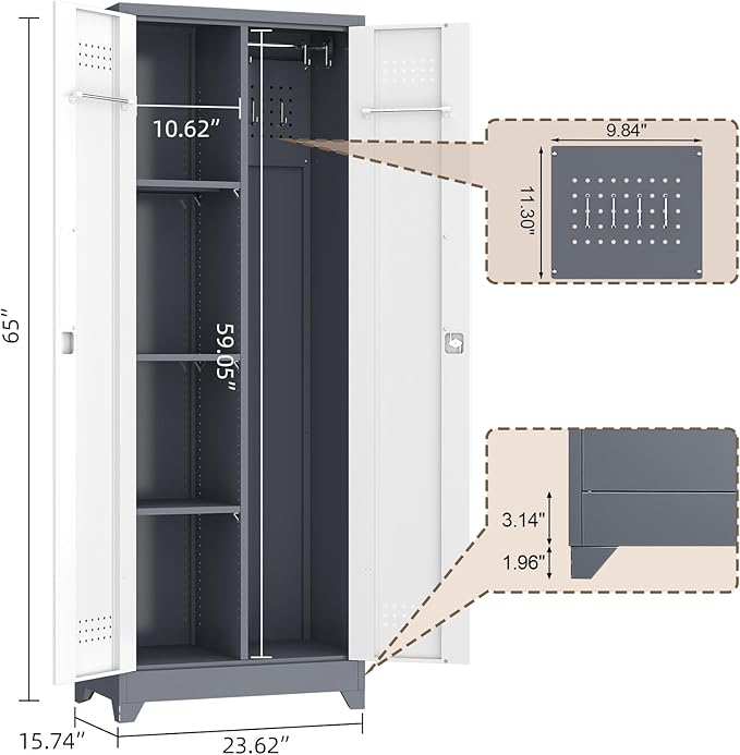 GREATMEET 65'' Garage Storage Cabinet, Broom Closet, Metal Utility Cabinet for Cleaning Supply with Pegboard, Lockable Doors, Adjustable Shelves for Garage, Home, Gray White