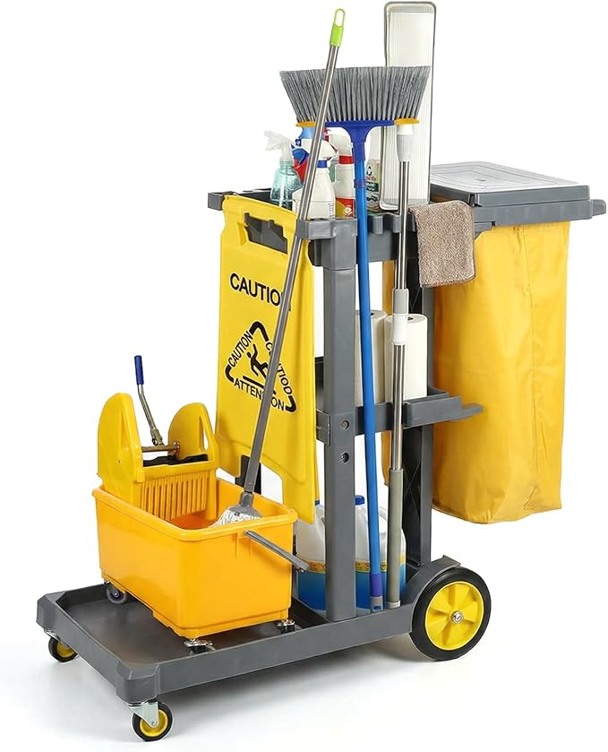 Janitorial Cleaning Carts on Wheels with 3 Shelves, Cleaning Cart for Housekeeping on Wheels, Utility Rolling Carts with 2 Vinyl Bags for Commercial&Industrial Services
