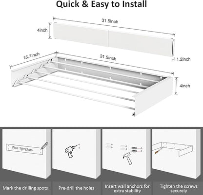 Laundry Drying Rack, Collapsible Wall Mounted Clothes Drying Rack - Drying Rack Clothing Foldable,Space Saving, 32" Wide, 13.2 Linear Ft, 5 Aluminum Rods, 60 lb Capacity (White, 32")