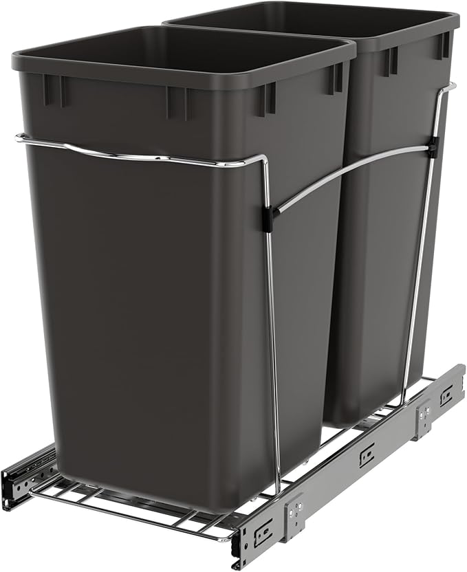 Rev-A-Shelf Double 27 Qt Pullout Trash Can for Base Kitchen Cabinets, Garbage Waste Bin System with Full Extension Slides, Min Opening Width of 11.5", Orion Gray, RV-15KD-13C-S