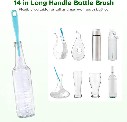 OUTXE 6 Pack Bottle Brush Set, 5-in-1 Water Bottle Cleaner Brush, 14" Long Handle Bottle Cleaning Brush, 3 Straw Brush, Removable Nipple Detail Brush for Cup Lid Gap, with Replecement Sponge