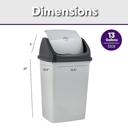 Superio Kitchen Trash Can 13 Gallon with Swing Lid, Plastic Tall Garbage Can Outdoor and Indoor, Large 52 Qt Recycle Bin and Waste Basket for Home, Office, Garage, Patio, Restaurant (SmokeWhite/Grey, 2 Pack)