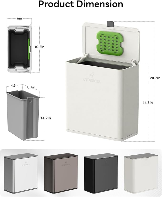 Kitchen Compost Bin, 10L/2.6G Trash Can with Lid, Slim Stainless Steel Hanging Garbage Bin for Kitchen, Bathroom, Bedroom, Office, Wall Mounted Compost Bin with Inner Bucket, White
