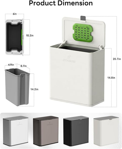 Kitchen Compost Bin, 10L/2.6G Trash Can with Lid, Slim Stainless Steel Hanging Garbage Bin for Kitchen, Bathroom, Bedroom, Office, Wall Mounted Compost Bin with Inner Bucket, White