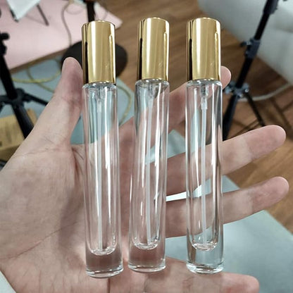 Thick Glass 5pcs 10ml 1/3oz Gold Spray Bottle Refill Perfume Hydrating Fragrance Fine Mist Atomizer Cosmetic Container Round Tube Party Makeup Tool Travel Gift Sample