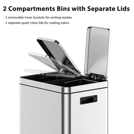 2 x 5.3 Gallon Kitchen Trash Can, Dual Compartment Garbage Can, Stainless Steel Rubbish Bin with Soft-Close Lid and Removable Inner Wastebasket for Kitchen, Home Office