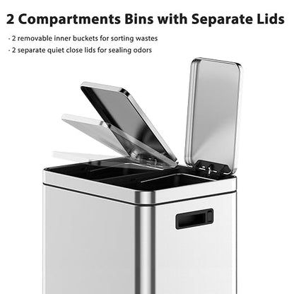 2 x 5.3 Gallon Kitchen Trash Can, Dual Compartment Garbage Can, Stainless Steel Rubbish Bin with Soft-Close Lid and Removable Inner Wastebasket for Kitchen, Home Office