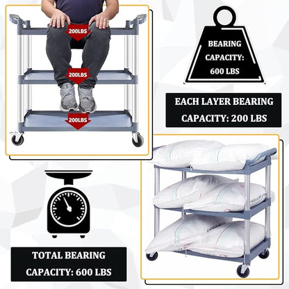 Plastic Utility Carts with Wheels, 3-Tier Large Size Restaurant Food Cart, Heavy Duty 600lbs Capacity Rolling Service Cart w/Hammer for Commercial, Kitchen, Office (Lockable Wheels, L-Grey)