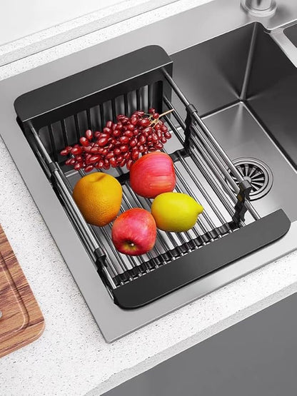 Sink Dish Drying Rack, Stainless Steel Drainer for 12.5"-20.5" Sinks, Kitchen Countertop Organizer for Dishes, Vegetables, and Fruits (Black & Large Size)