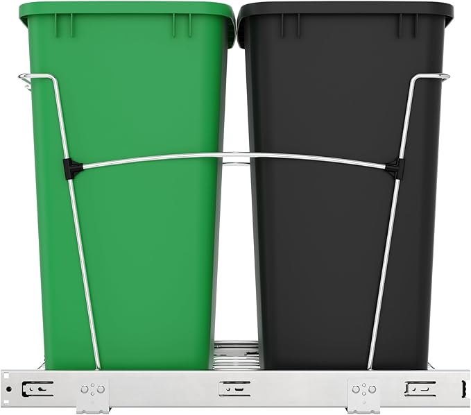 Rev-A-Shelf Double 35 Qt Pullout Trash Can for Base Kitchen Cabinets, Garbage Waste & Recycling Bin System with Full Extension Slides, Min Opening Width of 14.5", Green/Black, RV-18KD-1918C-S