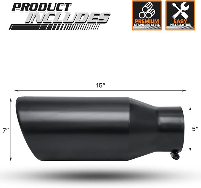 M-AUTO 5" Inlet and 7" Outlet Universal Muffler 15" Overall Length, Heavy Duty Stainless Steel Auto Accessories Roll and Angle Cut Tip for Car Pickup Trucks, Black
