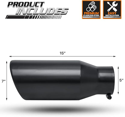 M-AUTO 5" Inlet and 7" Outlet Universal Muffler 15" Overall Length, Heavy Duty Stainless Steel Auto Accessories Roll and Angle Cut Tip for Car Pickup Trucks, Black