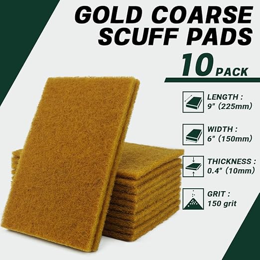 6" x 9" Gold Coarse Scuff Pads, 10 Pack – Non-Woven Hand Pads for Aggressive Cleaning, Scuffing, Scouring, Sanding, Rust & Paint Removal – Reusable Aluminum Oxide Abrasive Pads