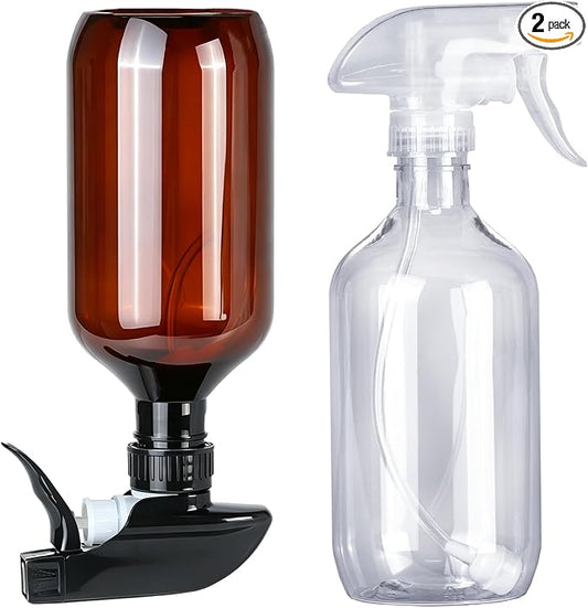 2 Pack 360° Spray Bottles, 16 oz Plastic Small Containers with Adjustable Spray Nozzles, Spray Bottles for Hair, Cleaning Solutions, BBQ and Plants Amber&Clear