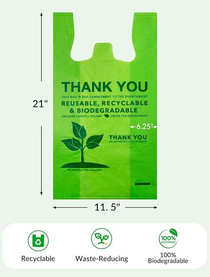 UMT Plastar 200 Count Biodegradable T-Shirt Bags, Compostable Thank You Grocery Bags, Eco Friendly Plastic Shopping Bags, 11.5 x 6.25 x 21 Inch, 16 Mic Heavy Duty Retail Carry Out Bags