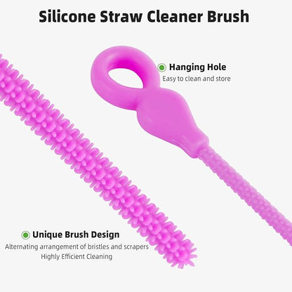 Silicone Straw Cleaner Brush, 4Pcs Reusable Straw Brush Set with Extra-Long Design for Cleaning Thin Metal Straws and Wider Milkshake Straws （6mm+9mm Purple)