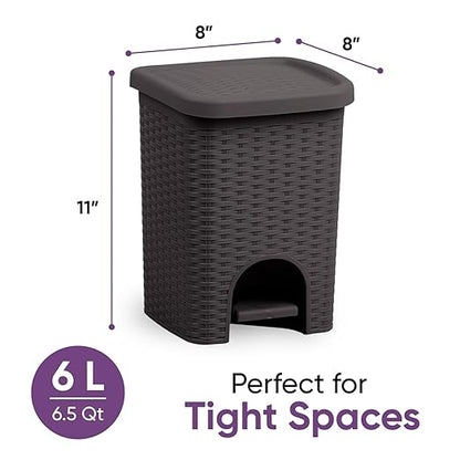 Superio 2-Pack Mini 6L Step Pedal Trash Can - Wicker Design, Hidden Mechanism, Durable Plastic, Ideal for Desktop, Countertop, Pet Waste/Dog Poop- Brown