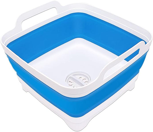 2.4 Gal(9L) Collapsible Dish Basin with Drain Plug, Space Saving Outdoor Multiuse Foldable Sink Tub, Dishpan, Kitchen Storage Tray for Camping, Vegetable Washing, RV (Blue)