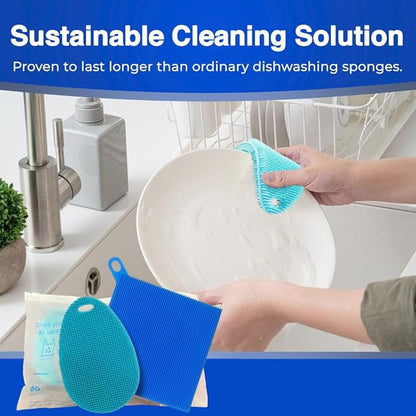 Silicone Dish Sponge Dish Scrubber (Oval and Square) - Dual-Sided, Food Grade Silicone Sponges for Dishes and Housecleaning 2-Pack