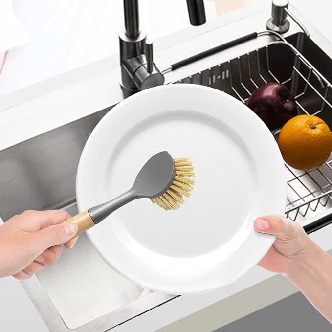 Jiozermi 2 Pcs Kitchen Scrub Brush with Bamboo Handle, Dishwashing Brush Built-in Scraper, Dish Scrubber for Kitchen Cleaning, Pots, Pans, Sink, Counter and Cast Iron Cookware