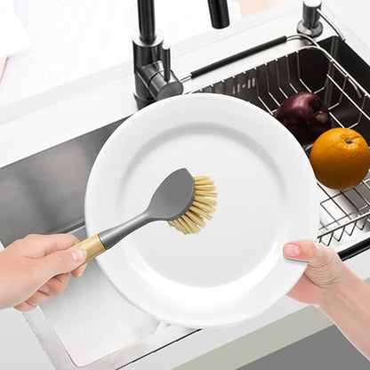 Jiozermi 2 Pcs Kitchen Scrub Brush with Bamboo Handle, Dishwashing Brush Built-in Scraper, Dish Scrubber for Kitchen Cleaning, Pots, Pans, Sink, Counter and Cast Iron Cookware
