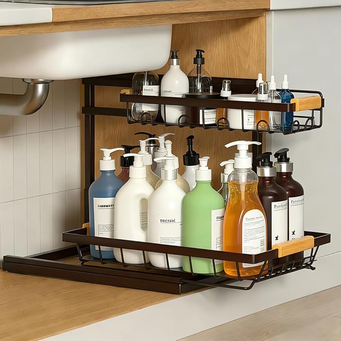 Expandable 2-Tier Under-Sink Organizer with Sliding Drawer – Adjustable Cabinet Storage Rack for Kitchen, Bathroom, Pantry, Heavy Duty Metal – Luxury Remedy