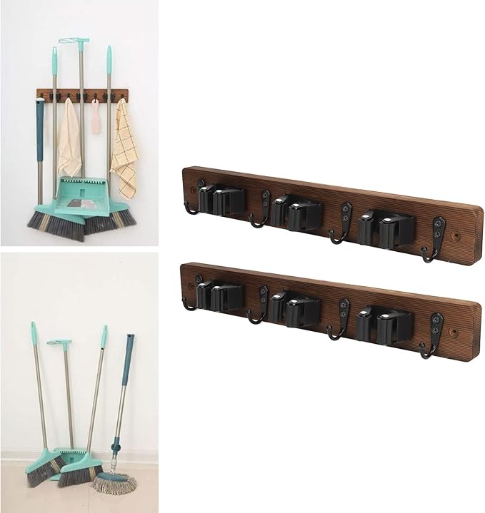 2pcs Broom Holder Wall Mount, Mop and Broom Holder Wall Mounted Organizer Mop and Broom Storage Tool Rack with 3 Rolling Clips and 4 Hooks