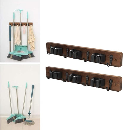 2pcs Broom Holder Wall Mount, Mop and Broom Holder Wall Mounted Organizer Mop and Broom Storage Tool Rack with 3 Rolling Clips and 4 Hooks
