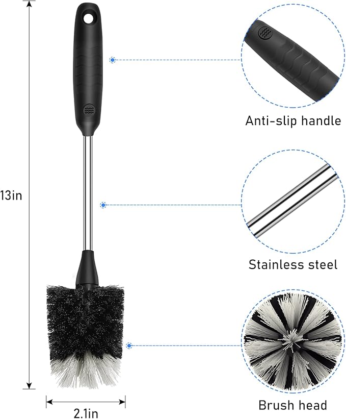 SetSail Bottle Brush of 3 Pack, 14-in Long Stainless Steel Handle Water Bottle Cleaner Brush Non-Slip Grip Bottle Brushes for Cleaning Water Bottles Sport Bottles Coffee Mugs Glasswares Cups, Black