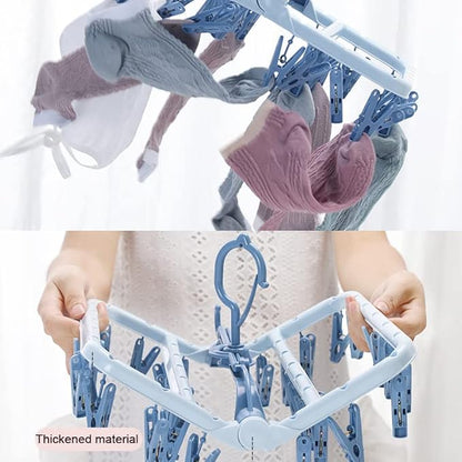 Foshine Clothes Drying Racks Foldable Clip Hangers Drip Hanger Plastic with 32 Drying Clips Wind-Proof Hook Underwear Hanger for Socks Bras (Blue)