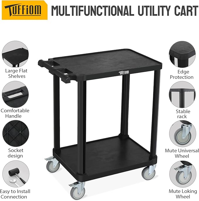 TUFFIOM 3-Tier Plastic Service Utility Cart, Rolling Flat Cart with Wheels, Large Capacity, Multi-function Handle Storage and Mute Flexible Wheels with Braker, Great for Office Warehouse Garage, Black