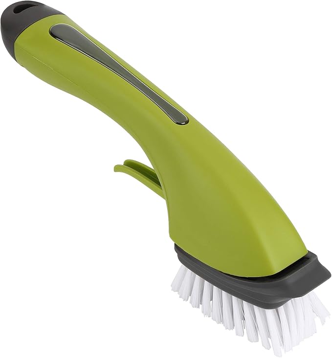 Zerodis Brushes Long Handle Scrub Brush Soap Dispening Tool Suitable for Sinks Countertops Grout Lines Pan Dish Washing Pot Brush with Pot (Green)