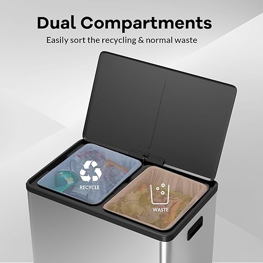 Large Stainless Steel Dual Compartment Recycling Trash Can 60 l/16 Gal Recycle Bins with Lid Waste Bin with Removable Buckets, Bathroom,Kitchen Garbage Can