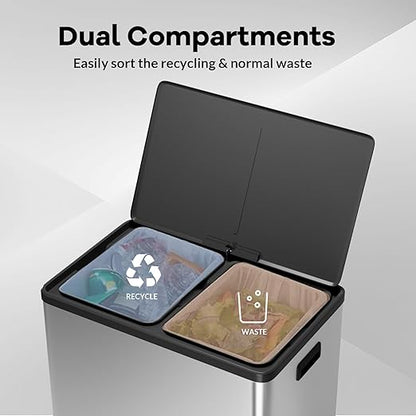 Large Stainless Steel Dual Compartment Recycling Trash Can 60 l/16 Gal Recycle Bins with Lid Waste Bin with Removable Buckets, Bathroom,Kitchen Garbage Can