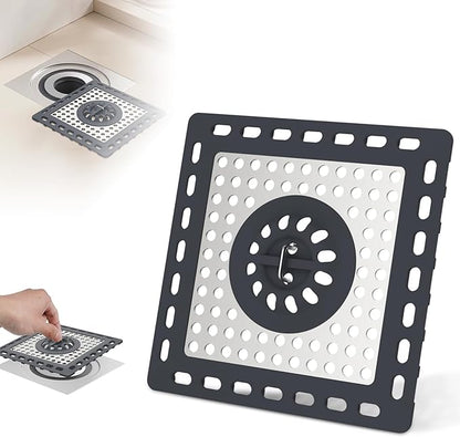 Hibbent Upgraded Shower Drain Hair Catcher for Bathroom Floor 4" Drain, Anti-Clogging Shower Drain Cover, Stainless Steel & Silicone Drain Strainer with Handle, Shower Drain Protector, Dark Grey