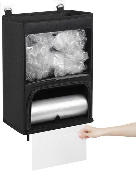 2-in-1 Plastic Bag Holder with Clear Window, Large Grocery Bag Holder and Trash Bag Dispenser with Easy-Access Openings, Plastic Bag Organizer for Kitchen RV Cabinet Wall Mounted (Black）