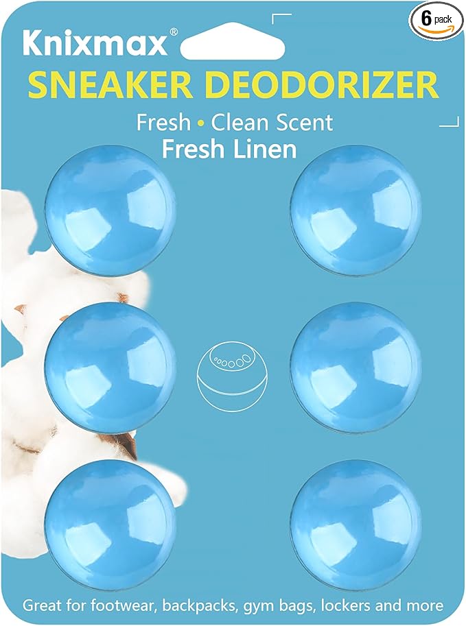Knixmax Shoe Deodorizer Balls, Odor Eater Ball for Sneakers Boots Mules, Air Fresheners for Gym Gear Bags Lockers, Fresh Linen scent, Pack of 6, Blue